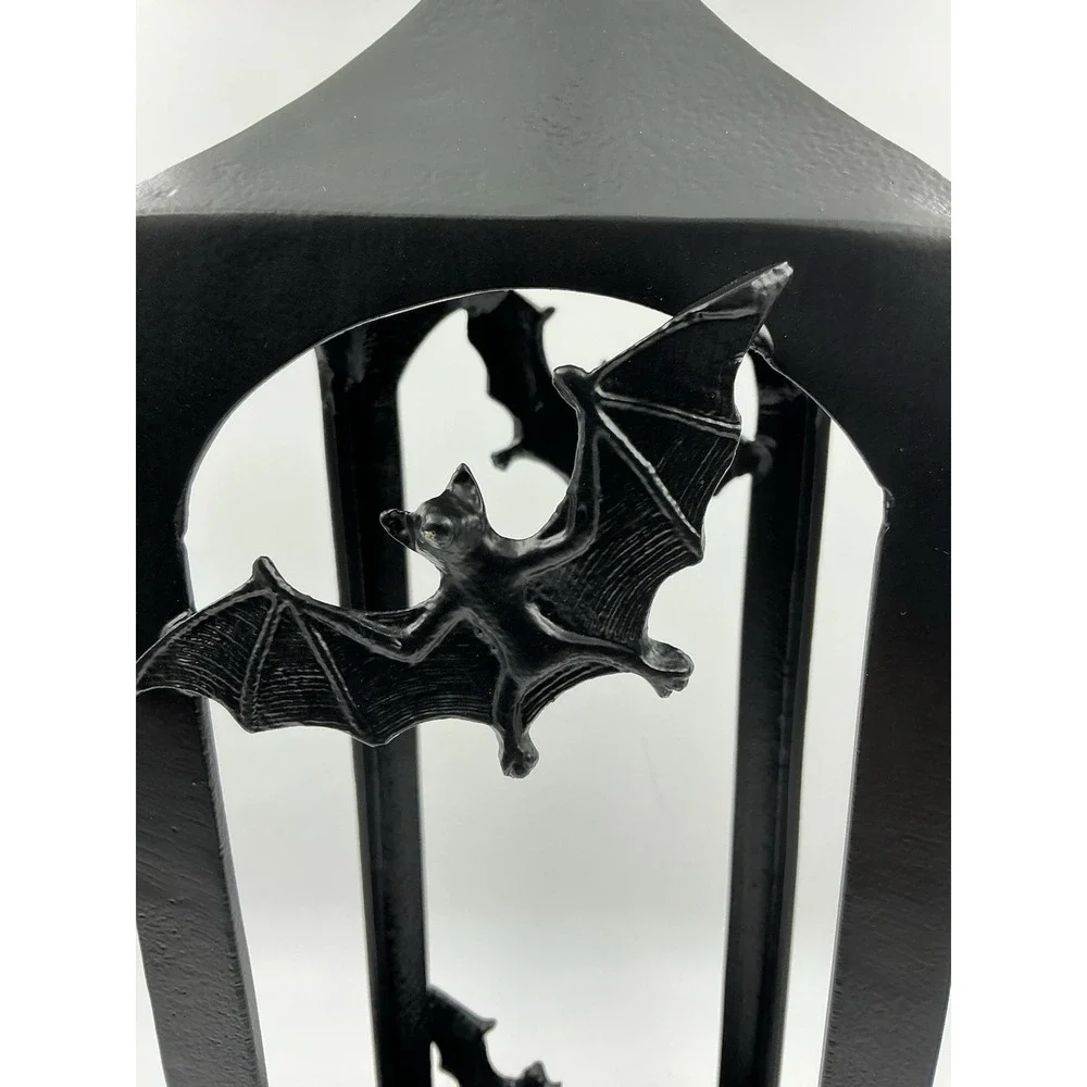 Large Halloween Black Cast Iron Hanging Candle Holder Lantern w/ Bats 22 Inches
